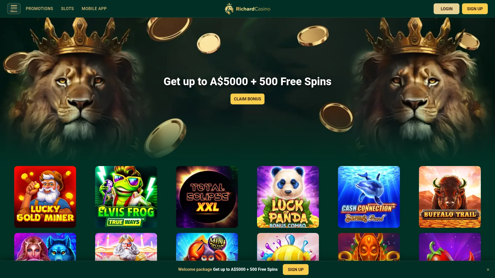 Richards Casino desktop casino interface with promotional and gaming content